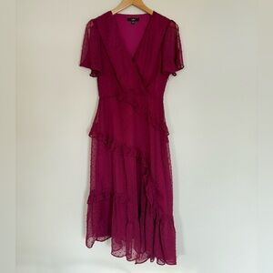 Lulus Next To You Plum Swiss Dot Asymmetrical Ruffle V Neck Midi Dress Size M